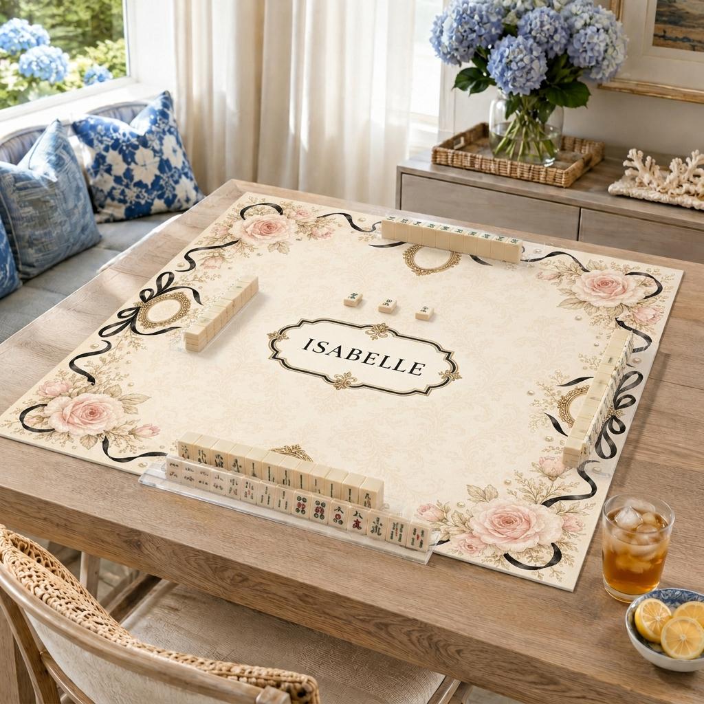 Personalized Mahjong Mat, Blush Rose & Black Ribbon Victorian Design, 31.5 Inch
