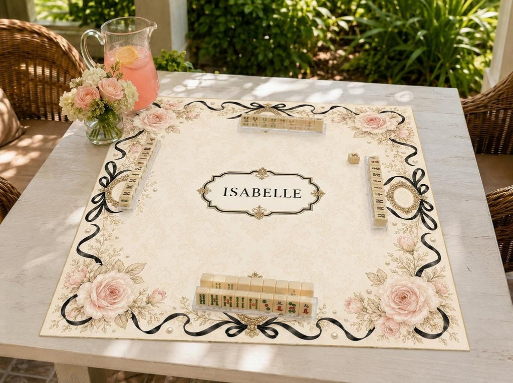 Personalized Mahjong Mat, Blush Rose & Black Ribbon Victorian Design, 31.5 Inch