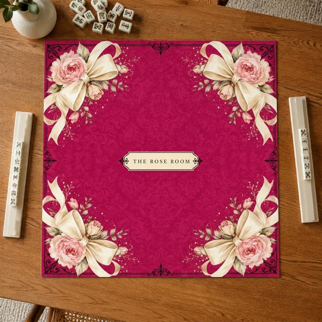 Personalized Mahjong Mat, Fuchsia Rose Bow Design, Elegant Custom Game Table, 31.5 Inch