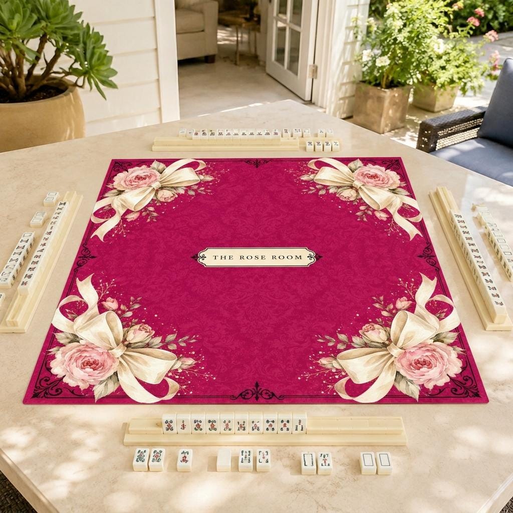 Personalized Mahjong Mat, Fuchsia Rose Bow Design, Elegant Custom Game Table, 31.5 Inch