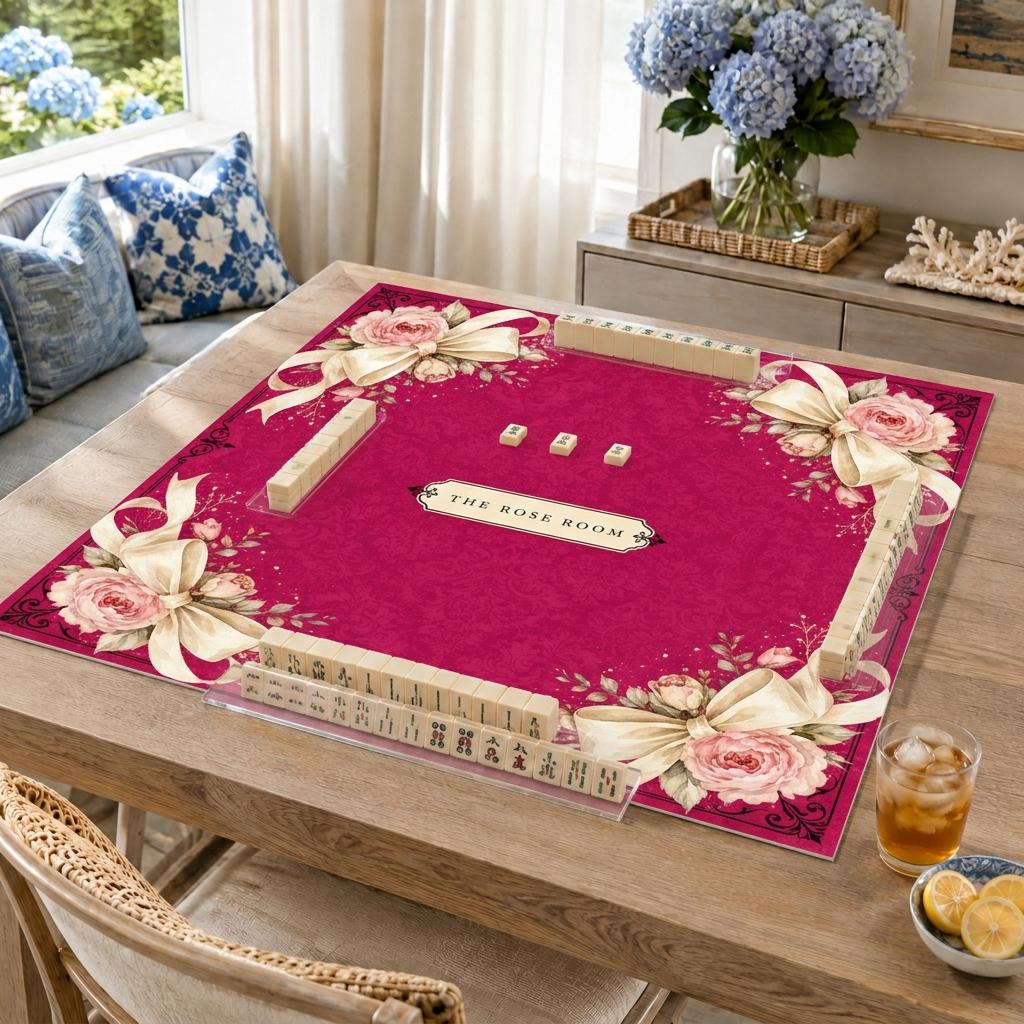 Personalized Mahjong Mat, Fuchsia Rose Bow Design, Elegant Custom Game Table, 31.5 Inch