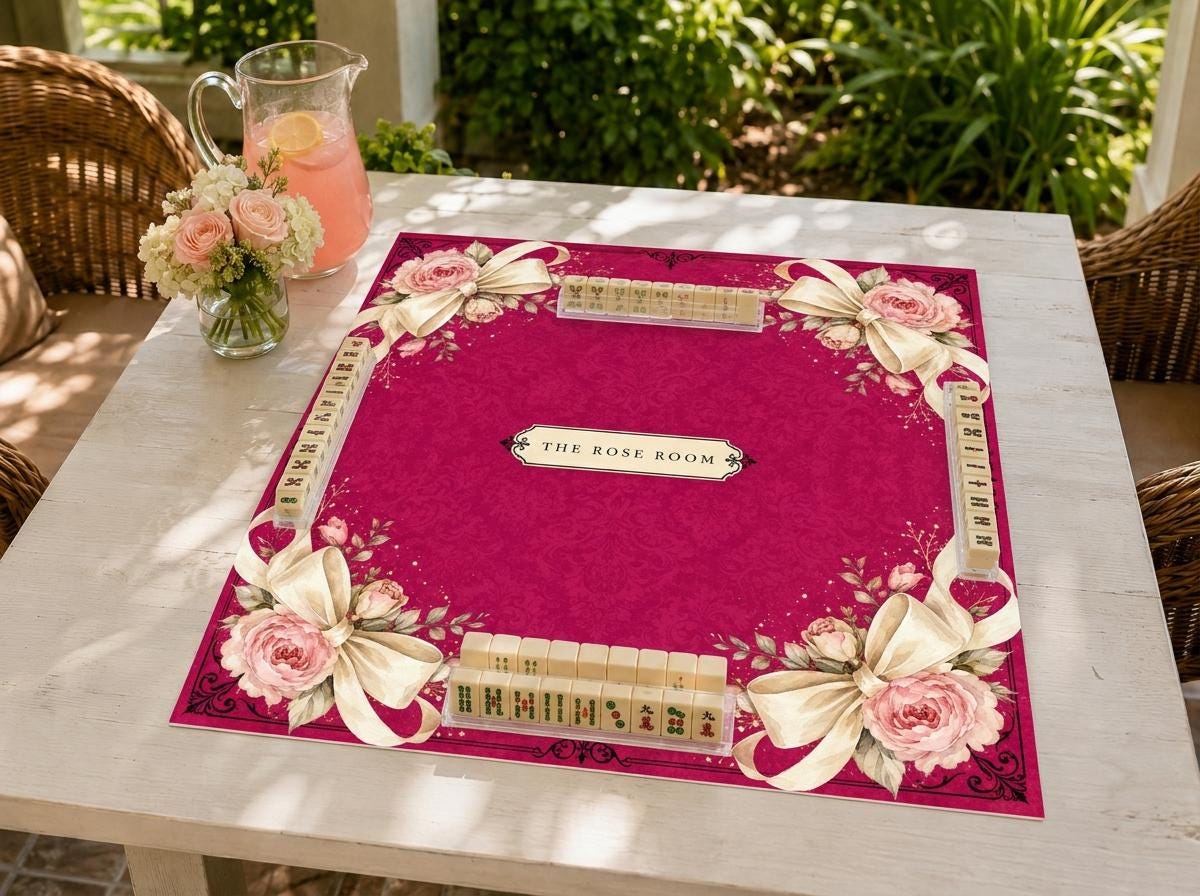 Personalized Mahjong Mat, Fuchsia Rose Bow Design, Elegant Custom Game Table, 31.5 Inch