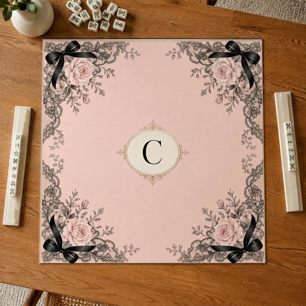 Pink Lace Mahjong Mat, Black Bow Rose Monogram Design, Personalized Gift, 31.5 Inch