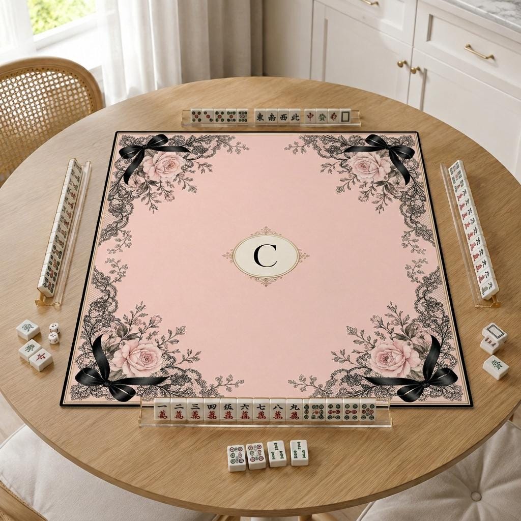 Pink Lace Mahjong Mat, Black Bow Rose Monogram Design, Personalized Gift, 31.5 Inch