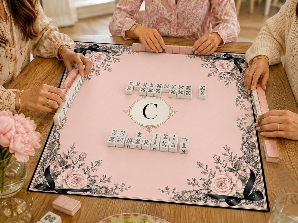 Pink Lace Mahjong Mat, Black Bow Rose Monogram Design, Personalized Gift, 31.5 Inch