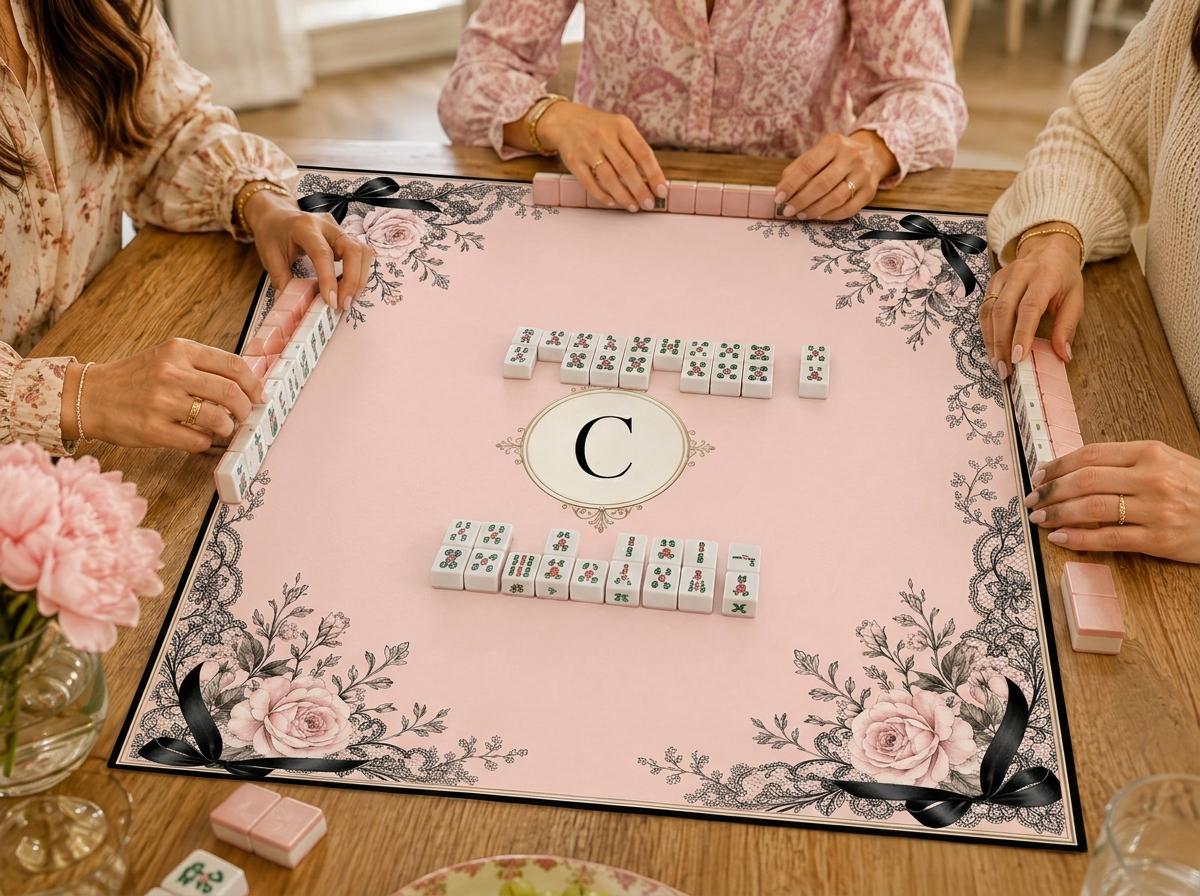 Pink Lace Mahjong Mat, Black Bow Rose Monogram Design, Personalized Gift, 31.5 Inch