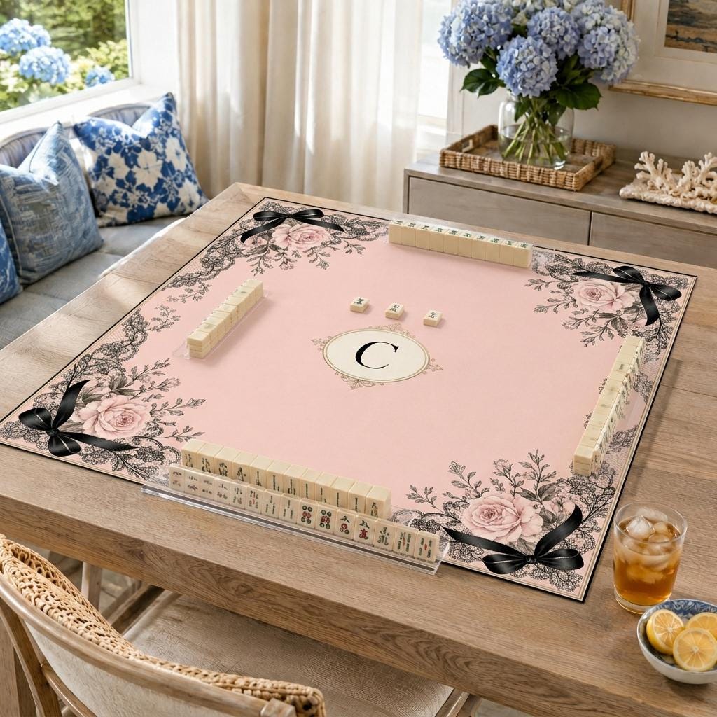 Pink Lace Mahjong Mat, Black Bow Rose Monogram Design, Personalized Gift, 31.5 Inch