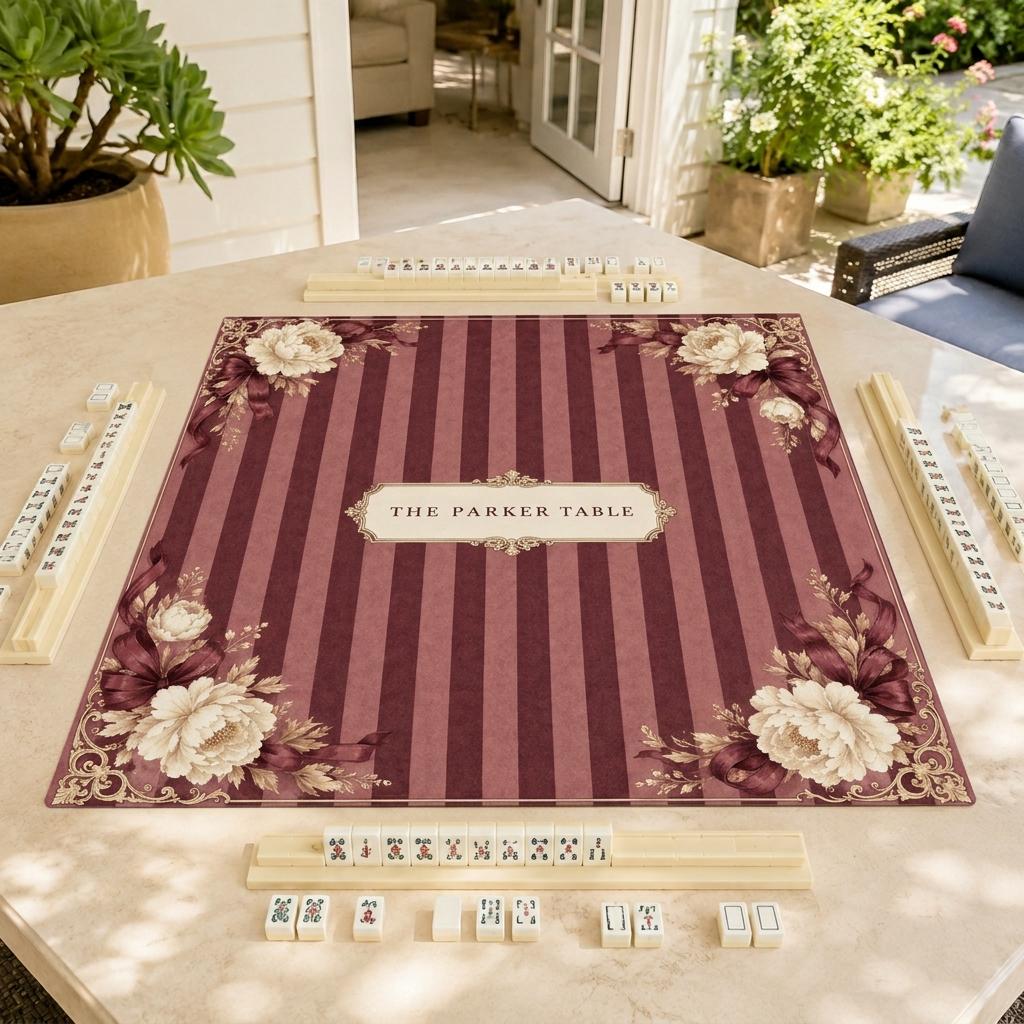 Burgundy Mahjong Mat, Vintage Floral Stripe Design, Personalized Table Gift, 31.5 Inch