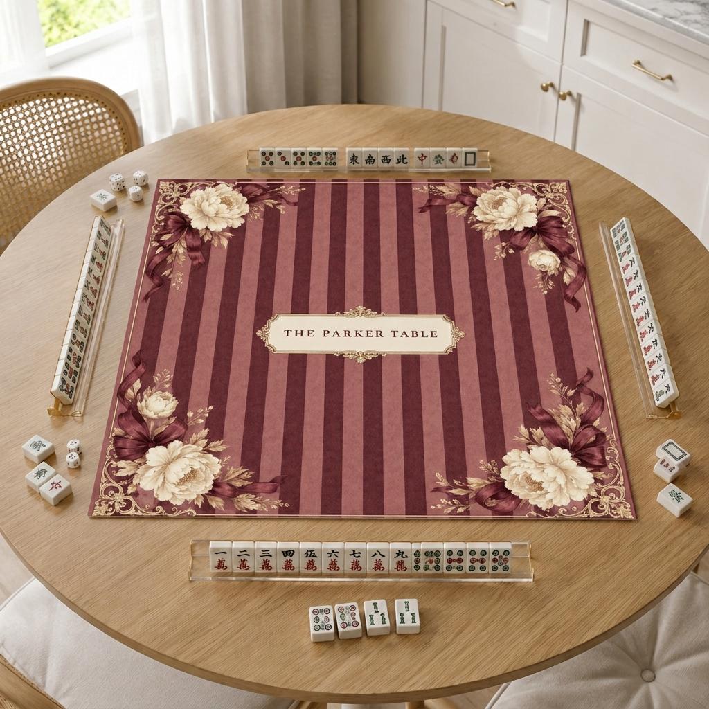 Burgundy Mahjong Mat, Vintage Floral Stripe Design, Personalized Table Gift, 31.5 Inch