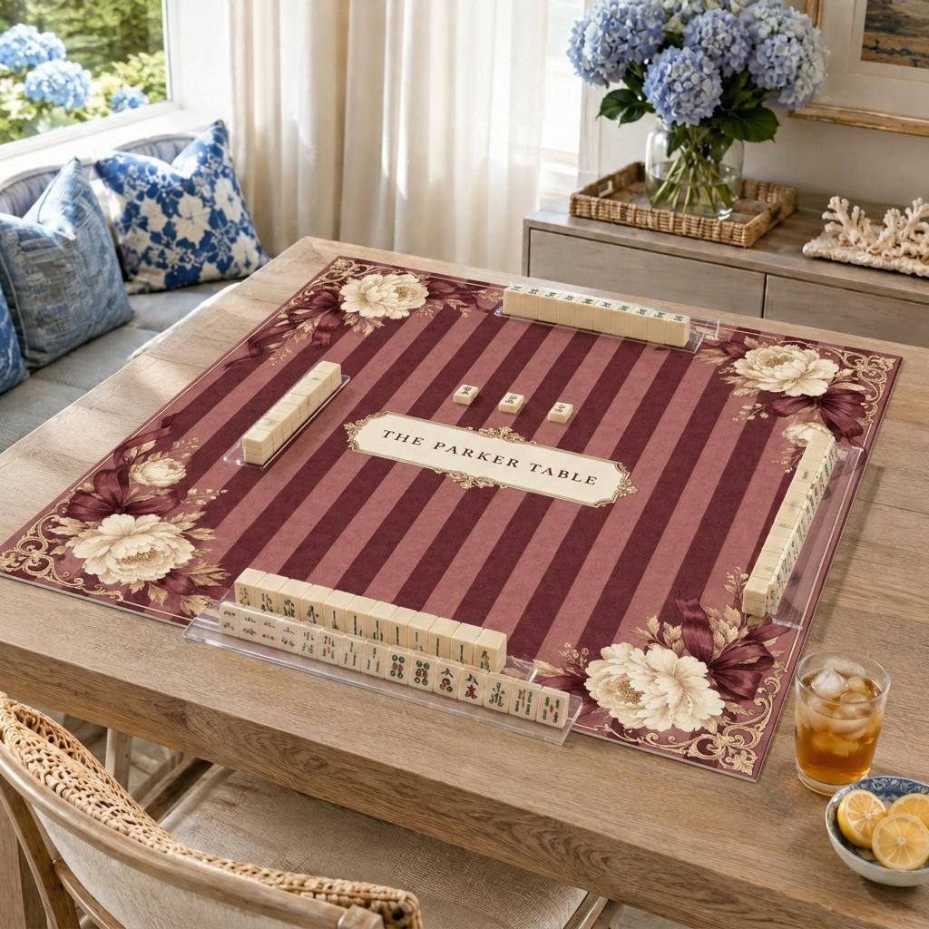Burgundy Mahjong Mat, Vintage Floral Stripe Design, Personalized Table Gift, 31.5 Inch
