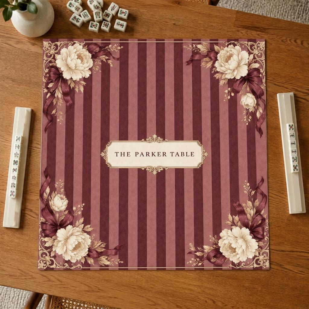 Burgundy Mahjong Mat, Vintage Floral Stripe Design, Personalized Table Gift, 31.5 Inch