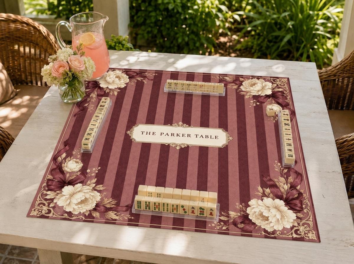 Burgundy Mahjong Mat, Vintage Floral Stripe Design, Personalized Table Gift, 31.5 Inch