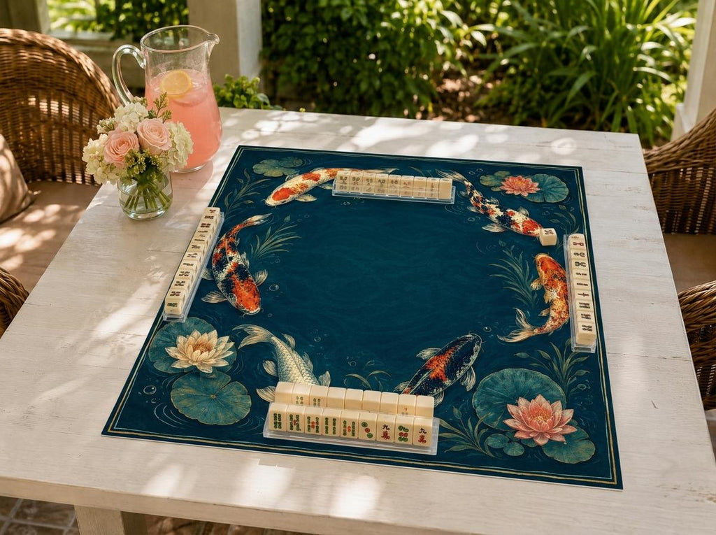 Koi Fish Mahjong Mat, Japanese Lotus Pond Game Table Design, 31.5 Inch