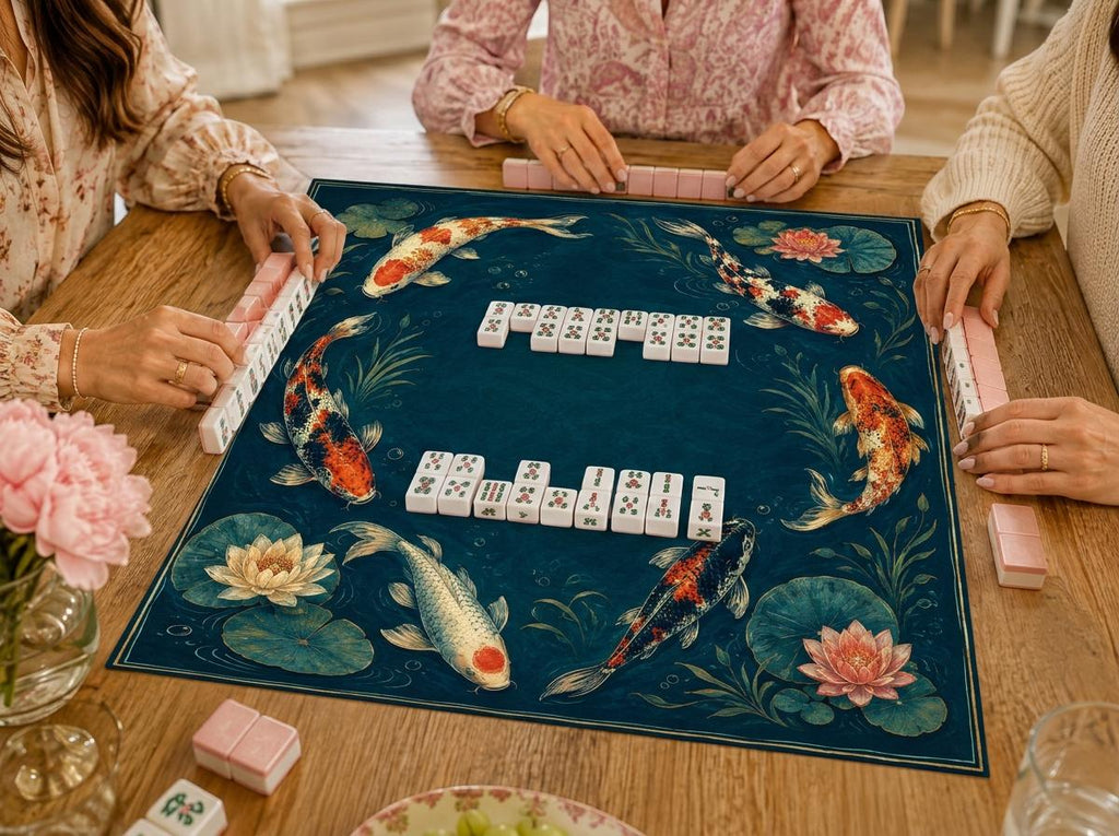 Koi Fish Mahjong Mat, Japanese Lotus Pond Game Table Design, 31.5 Inch