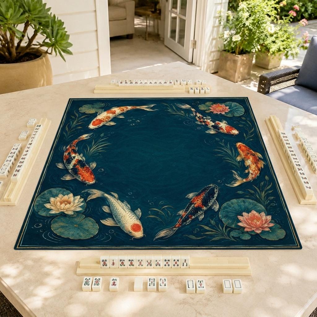 Koi Fish Mahjong Mat, Japanese Lotus Pond Game Table Design, 31.5 Inch