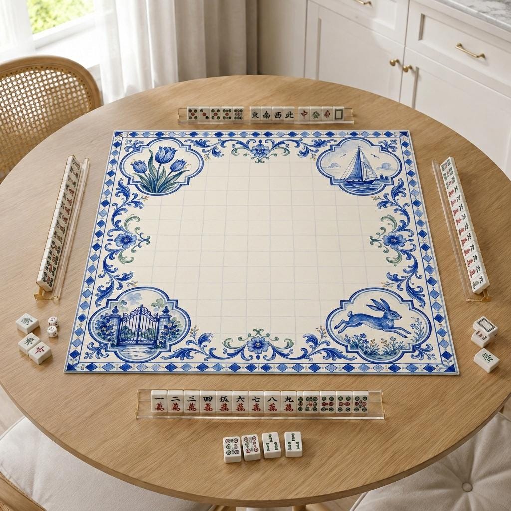 Blue Tile Mahjong Mat, Coastal Garden & Sailboat Game Table Design, 31.5 Inch