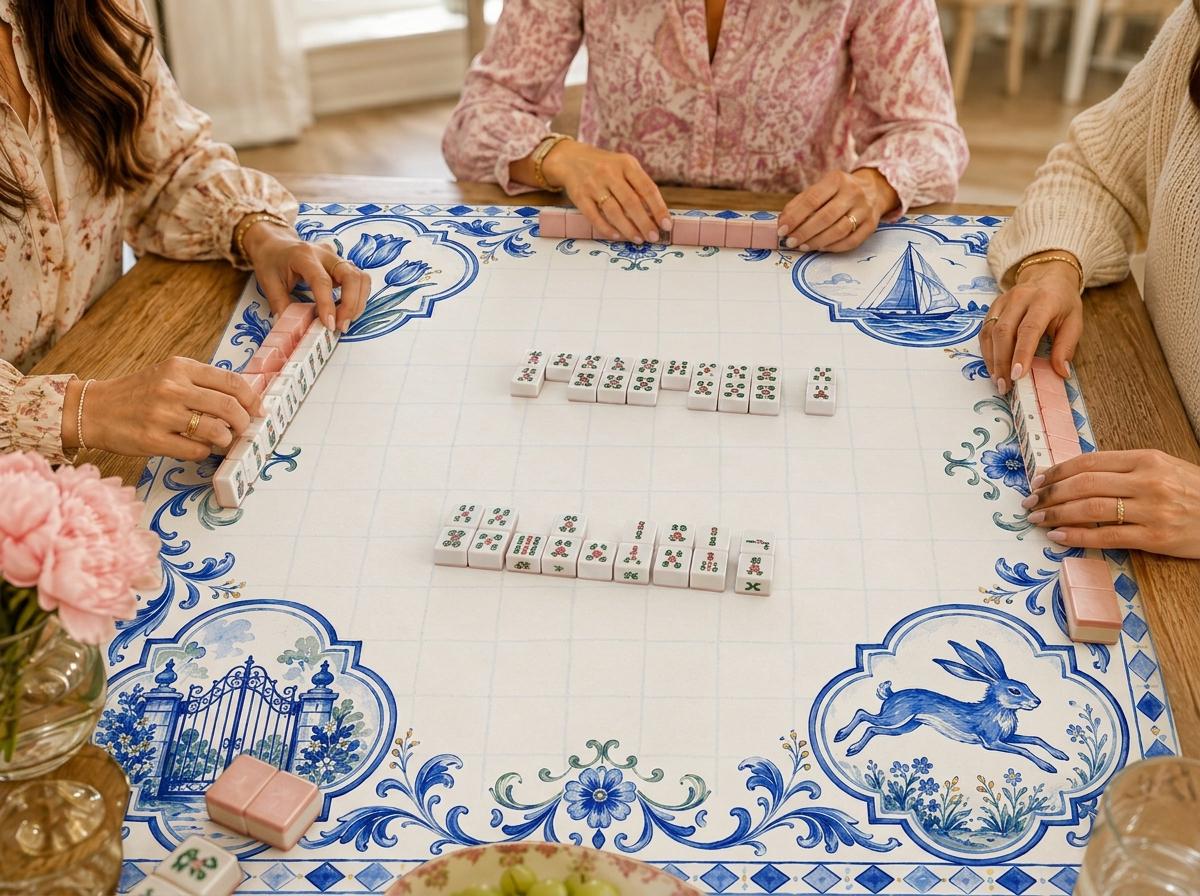Blue Tile Mahjong Mat, Coastal Garden & Sailboat Game Table Design, 31.5 Inch