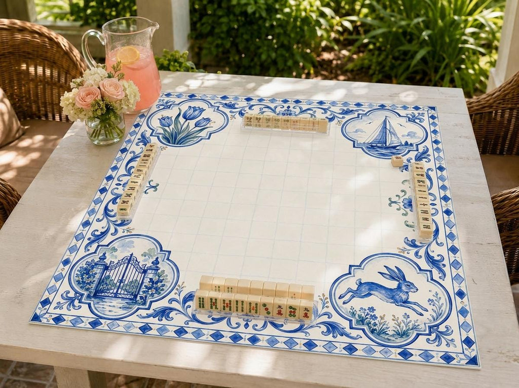 Blue Tile Mahjong Mat, Coastal Garden & Sailboat Game Table Design, 31.5 Inch