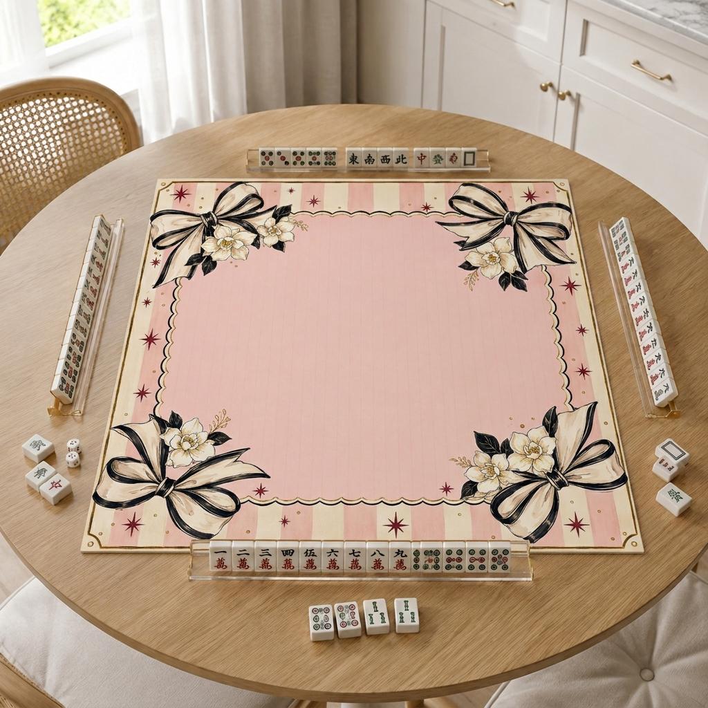 Pink Bow Mahjong Mat, Coquette Floral Game Table Design, 31.5 Inch