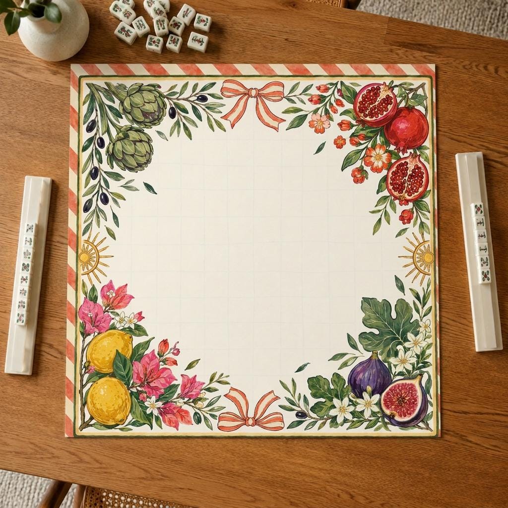 Mediterranean Mahjong Mat, Lemon Fig Pomegranate Botanical Game Table, 31.5 Inch