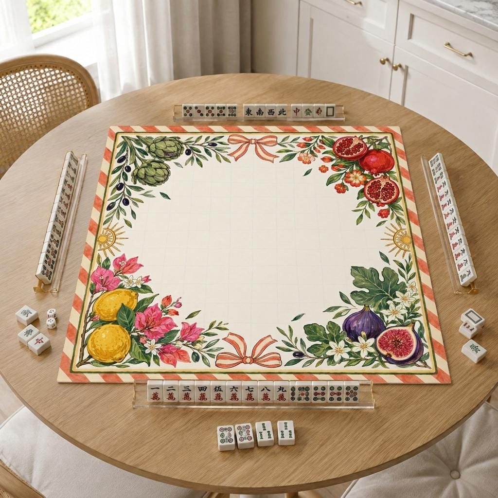 Mediterranean Mahjong Mat, Lemon Fig Pomegranate Botanical Game Table, 31.5 Inch