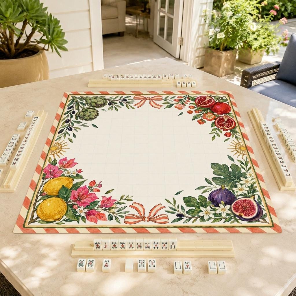 Mediterranean Mahjong Mat, Lemon Fig Pomegranate Botanical Game Table, 31.5 Inch