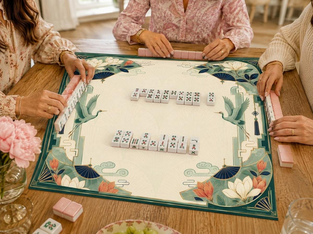 Art Deco Crane Mahjong Mat, Magnolia Fan Botanical Game Table, 31.5 Inch