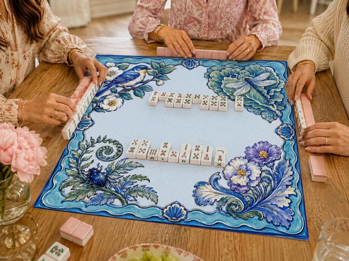 Blue Majolica Mahjong Mat, Bird Dragonfly Floral Game Table Design, 31.5 Inch