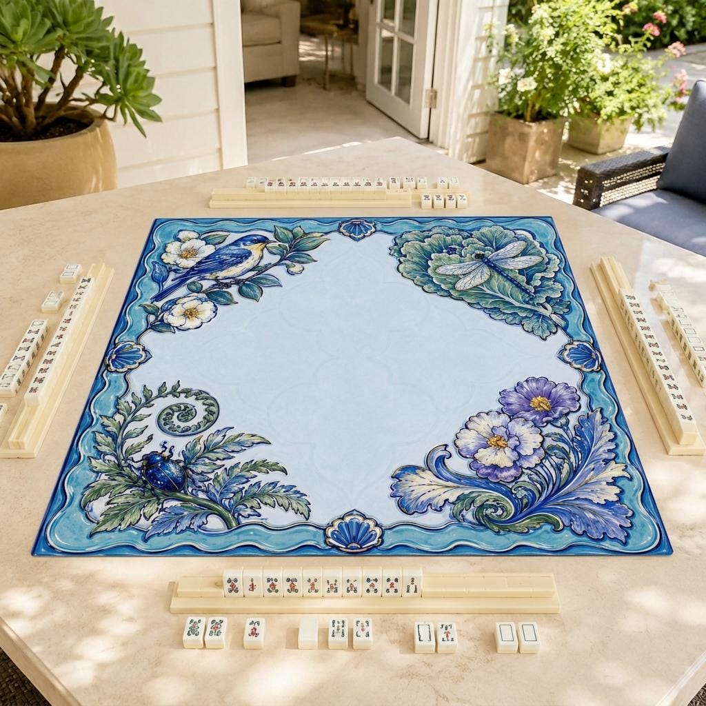 Blue Majolica Mahjong Mat, Bird Dragonfly Floral Game Table Design, 31.5 Inch