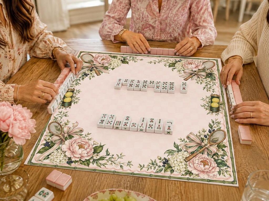 Tennis Mahjong Mat, Pink Floral Preppy Game Table Design, 31.5 Inch