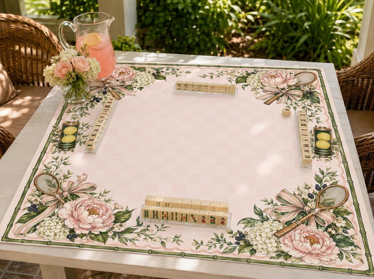 Tennis Mahjong Mat, Pink Floral Preppy Game Table Design, 31.5 Inch