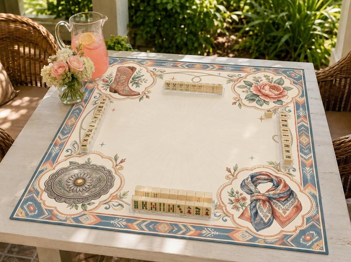 Cowgirl Mahjong Mat, Western Boot Scarf Floral Game Table Design, 31.5 Inch
