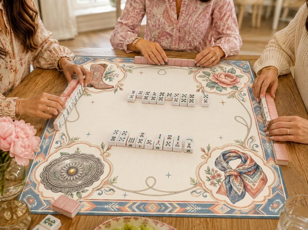 Cowgirl Mahjong Mat, Western Boot Scarf Floral Game Table Design, 31.5 Inch
