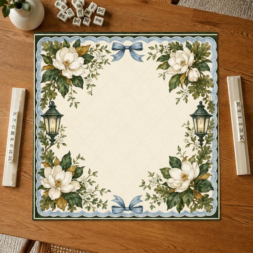 Magnolia Mahjong Mat, Blue Bow Garden Lantern Design, 31.5 Inch