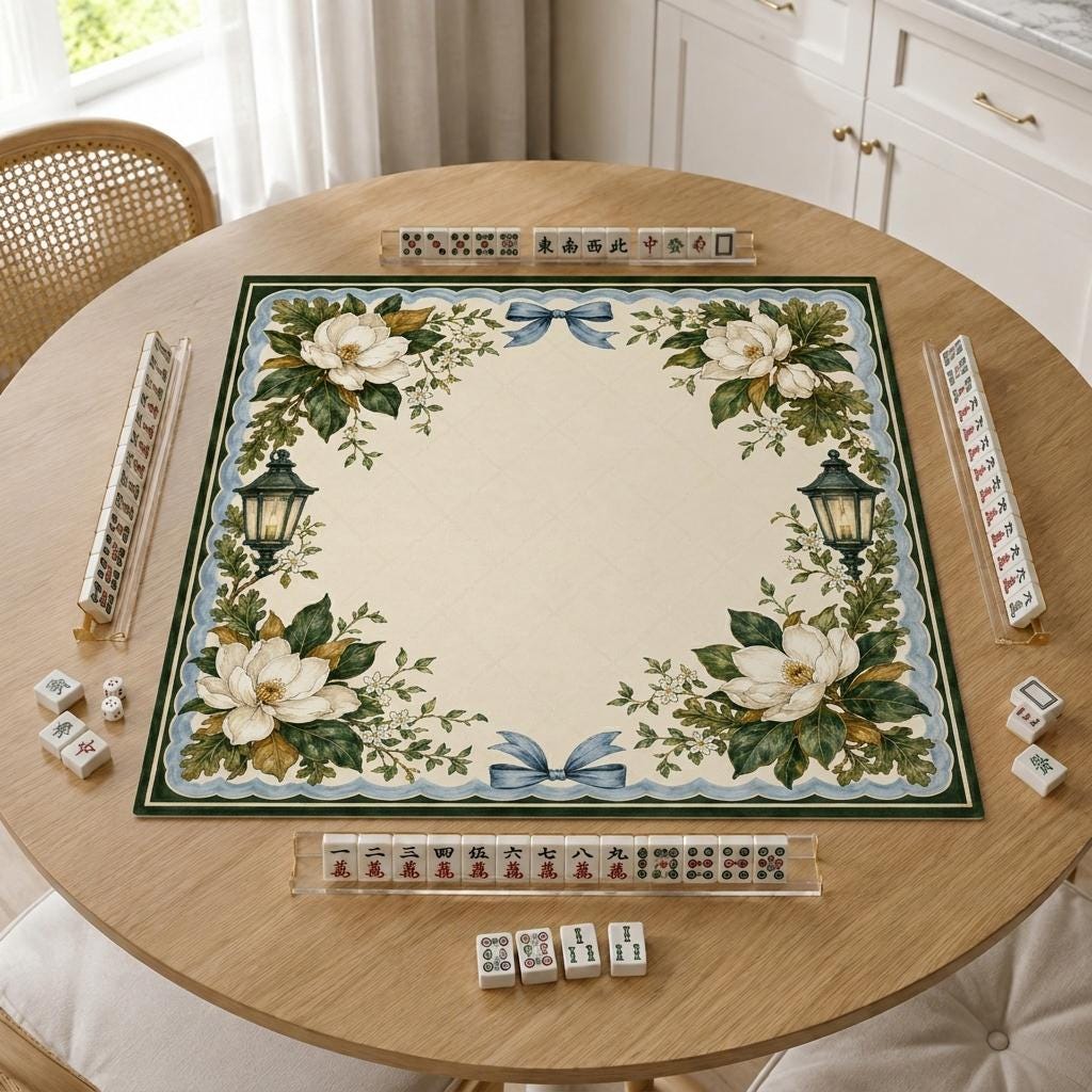 Magnolia Mahjong Mat, Blue Bow Garden Lantern Design, 31.5 Inch