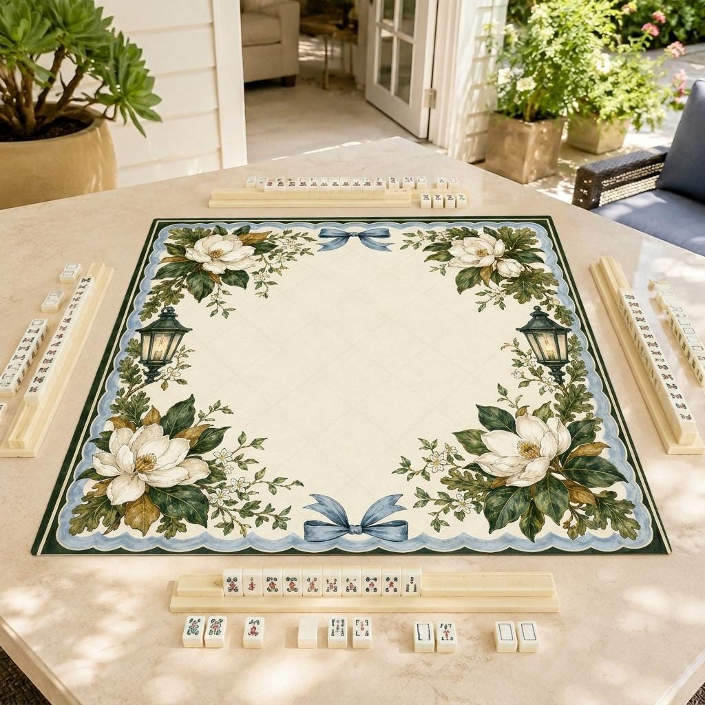 Magnolia Mahjong Mat, Blue Bow Garden Lantern Design, 31.5 Inch