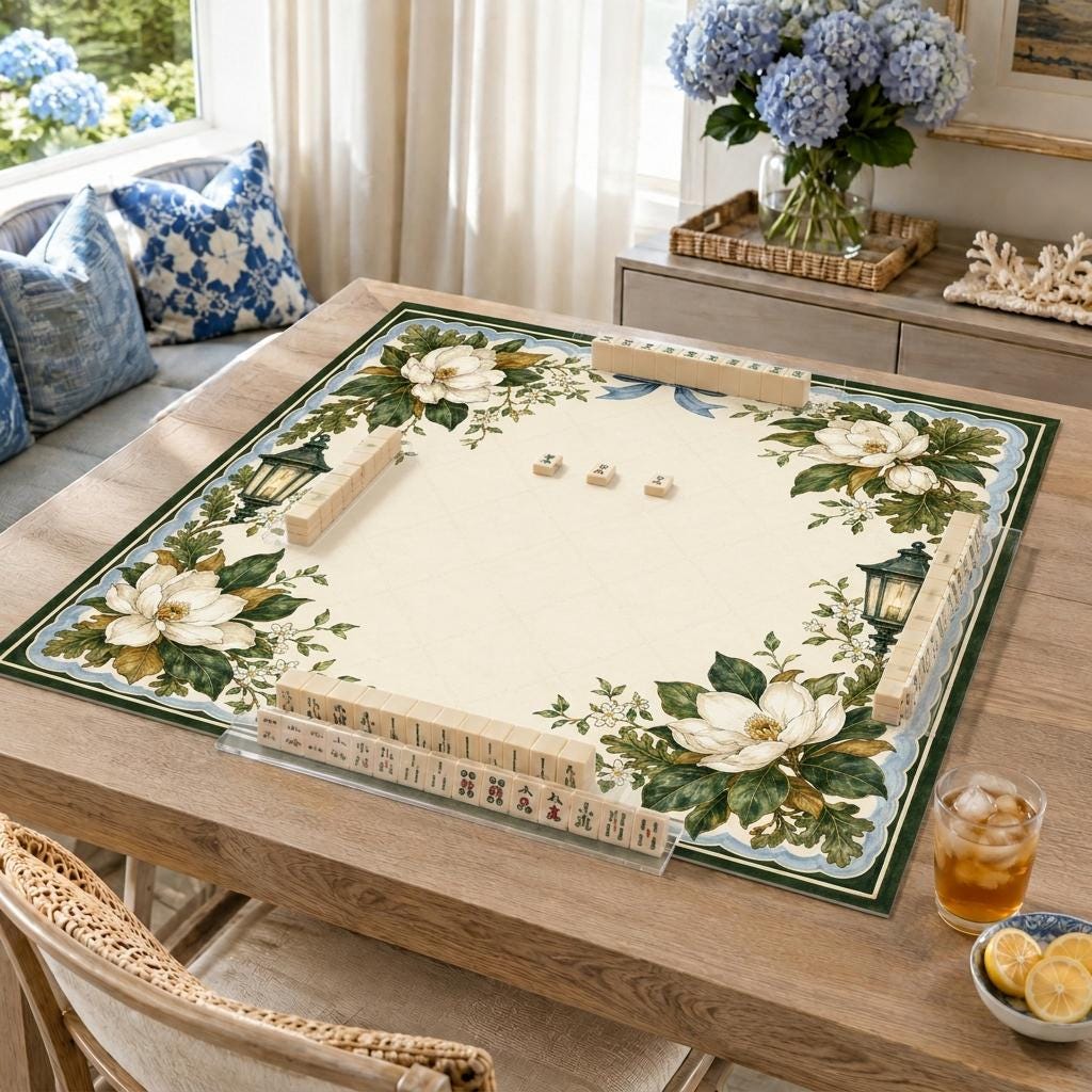 Magnolia Mahjong Mat, Blue Bow Garden Lantern Design, 31.5 Inch
