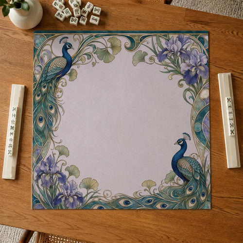 Art Nouveau Mahjong Mat, Peacock Iris Botanical Game Table Design, 31.5 Inch