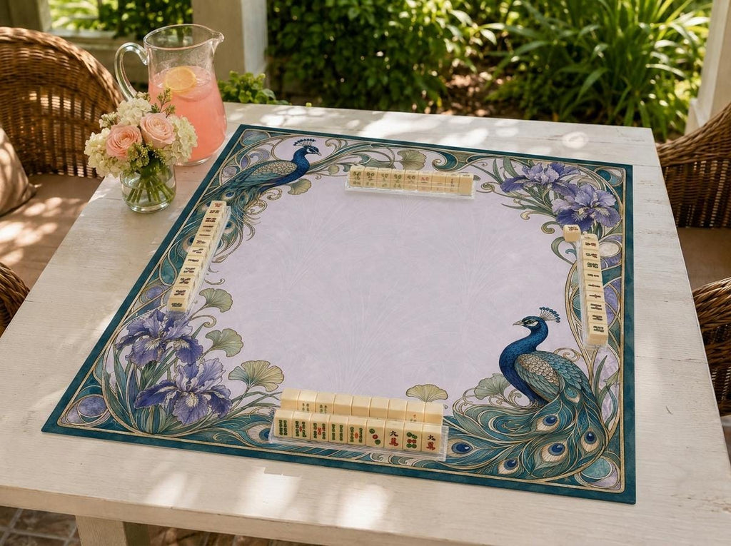 Art Nouveau Mahjong Mat, Peacock Iris Botanical Game Table Design, 31.5 Inch