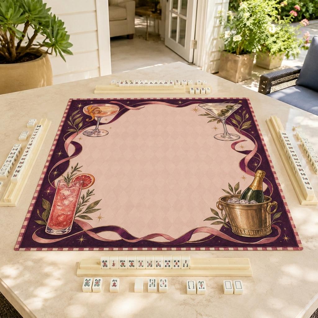 Cocktail Mahjong Mat, Martini Champagne Happy Hour Game Table Design, 31.5 Inch