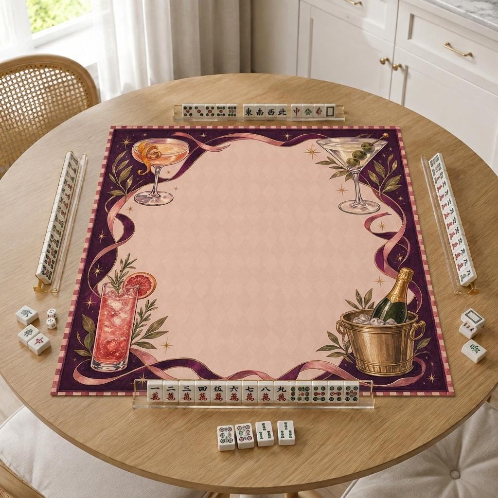 Cocktail Mahjong Mat, Martini Champagne Happy Hour Game Table Design, 31.5 Inch