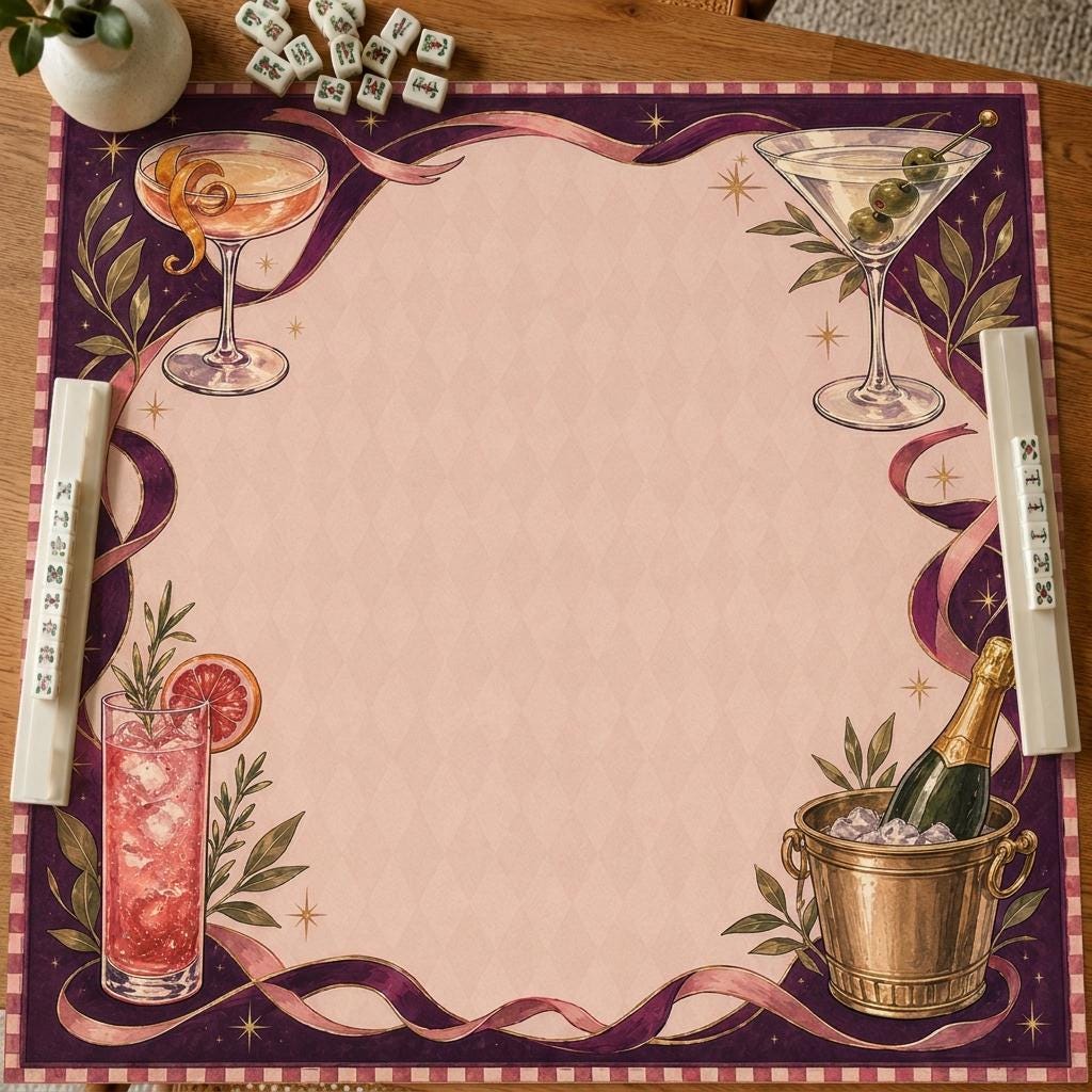 Cocktail Mahjong Mat, Martini Champagne Happy Hour Game Table Design, 31.5 Inch