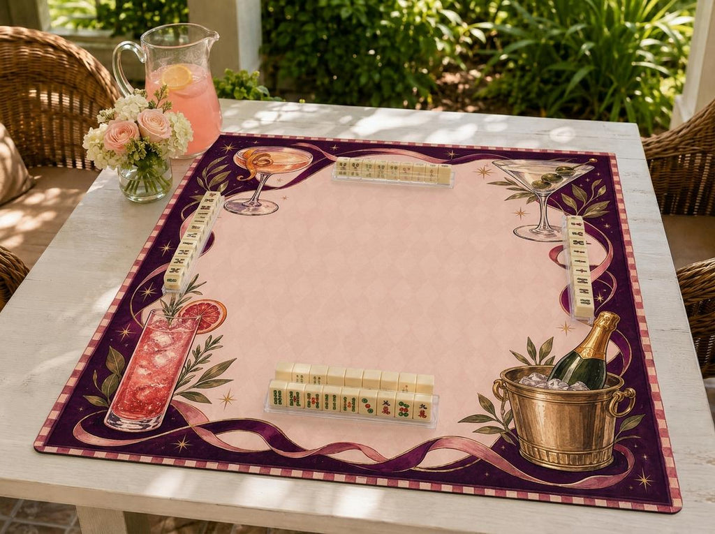 Cocktail Mahjong Mat, Martini Champagne Happy Hour Game Table Design, 31.5 Inch
