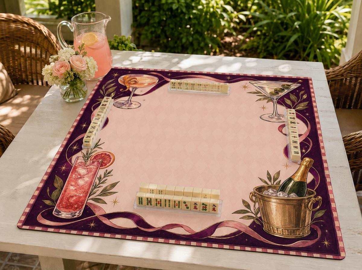 Cocktail Mahjong Mat, Martini Champagne Happy Hour Game Table Design, 31.5 Inch