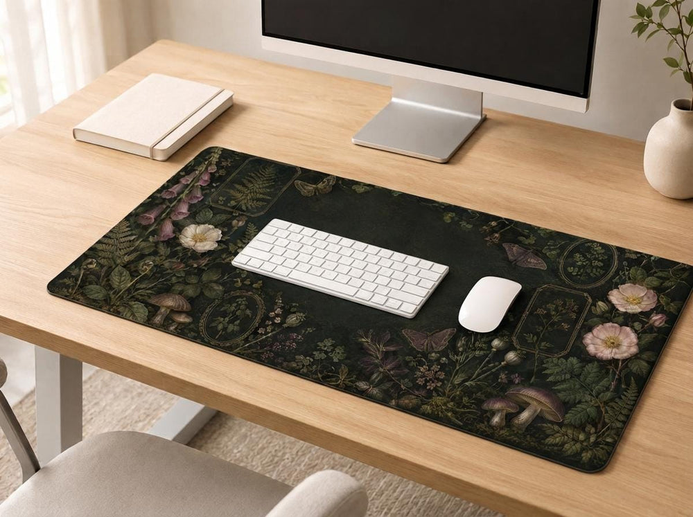 Dark Botanical Desk Mat, Vintage Forest Vegan Leather Desk Mat, Mushroom Floral Office Decor