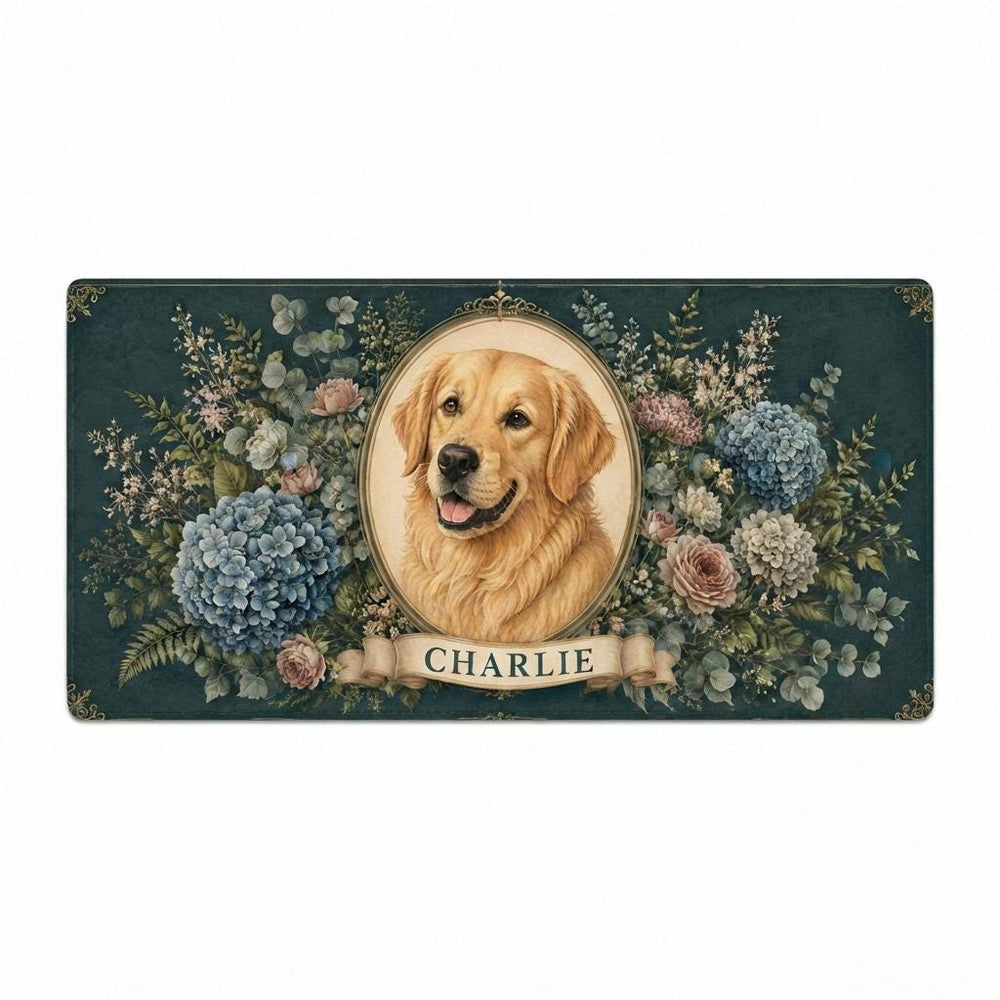 Personalized Pet Portrait Desk Mat, Custom Dog Vegan Leather Desk Mat, Floral Pet Lover Gift