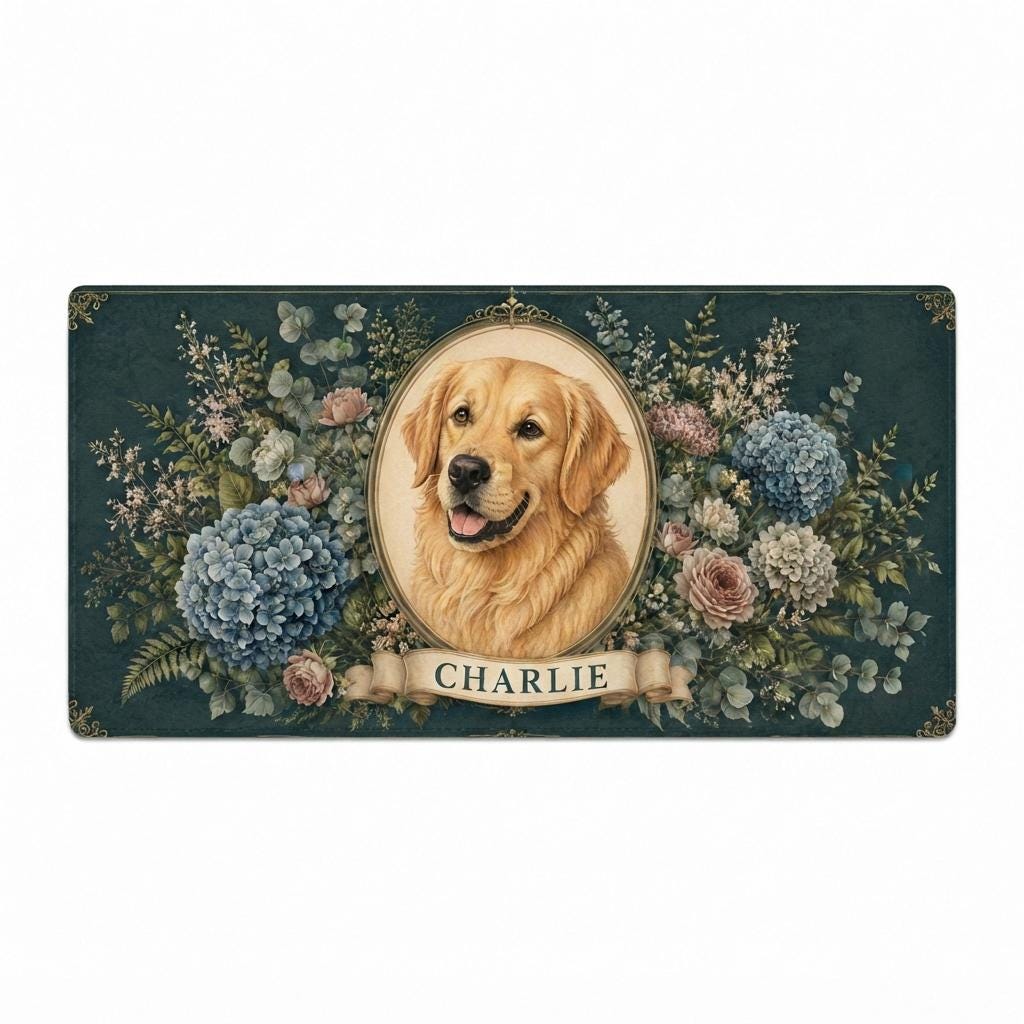 Personalized Pet Portrait Desk Mat, Custom Dog Vegan Leather Desk Mat, Floral Pet Lover Gift