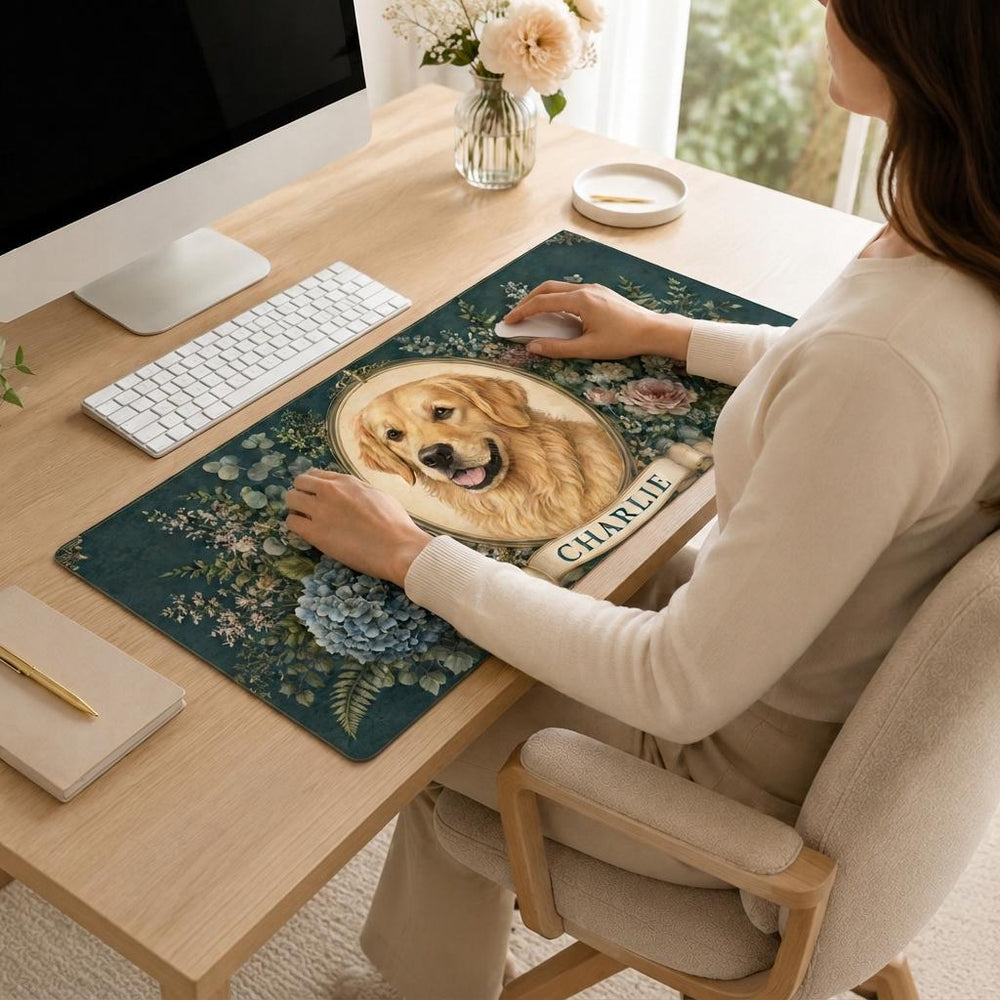 Personalized Pet Portrait Desk Mat, Custom Dog Vegan Leather Desk Mat, Floral Pet Lover Gift