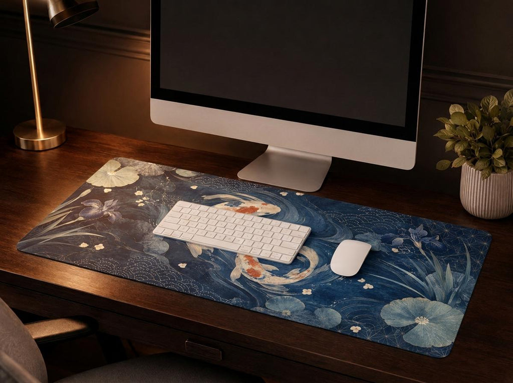 Japanese Koi Fish Desk Mat, Indigo Floral Vegan Leather Desk Mat, Asian Inspired Office Decor
