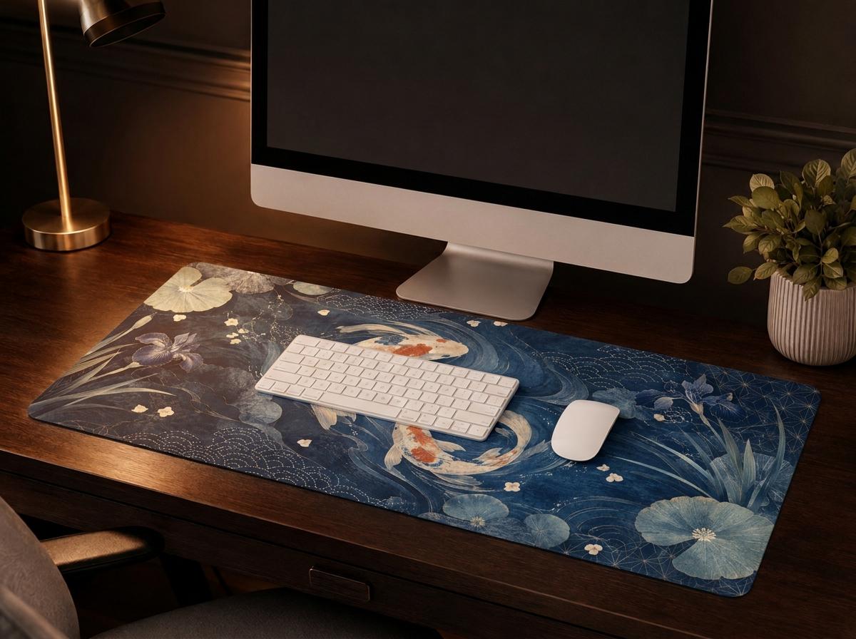 Japanese Koi Fish Desk Mat, Indigo Floral Vegan Leather Desk Mat, Asian Inspired Office Decor
